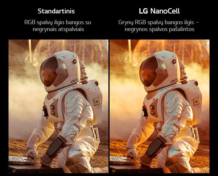 Filmo scena rodoma įprastame televizoriuje, kurio vaizdo kokybė yra prasta. Kita pusė yra „LG NanoCell“ televizorius su aukšta vaizdo kokybe.