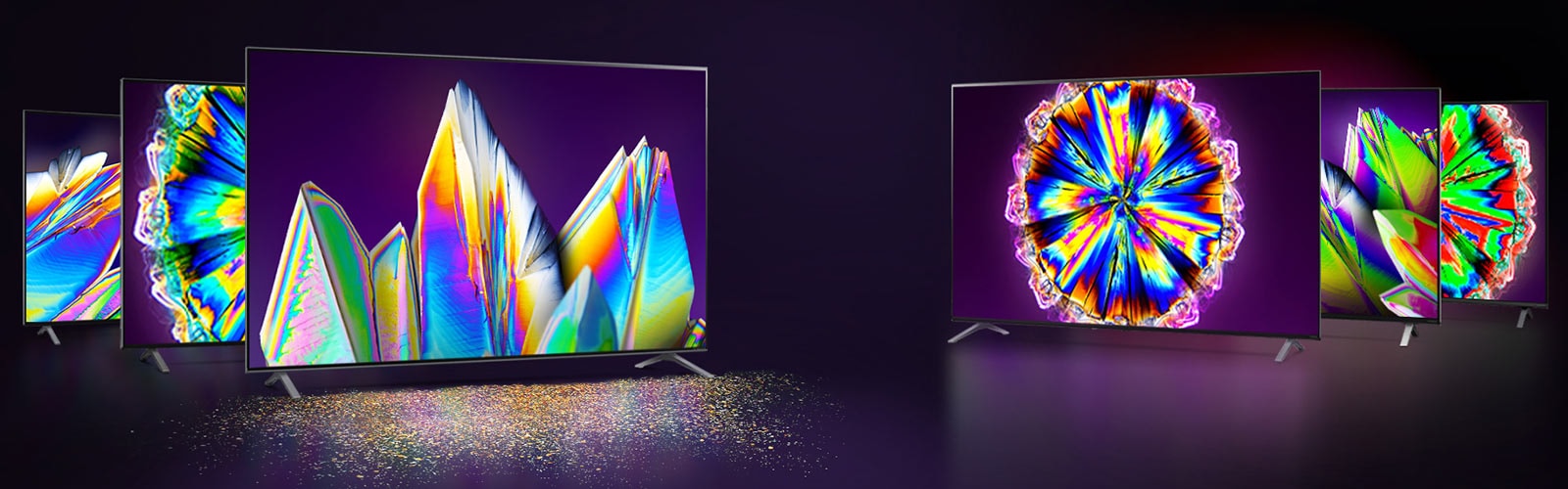 LG „NanoCell“ NANO99, NANO97, NANO95, NANO90, NANO85, NANO80 TV išdėstyti erdvėje.