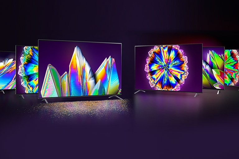 LG „NanoCell“ NANO99, NANO97, NANO95, NANO90, NANO85, NANO80 TV išdėstyti erdvėje.