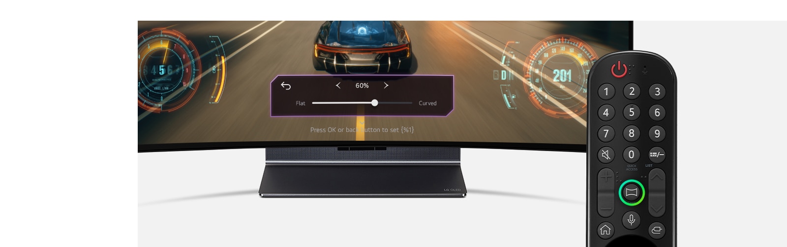 „LG OLED Flex“ tiesios pozicijos atvaizdas, su nuotolinio valdymo pultu priešais jį. Kreivės mygtukas paryškinamas žaliai.