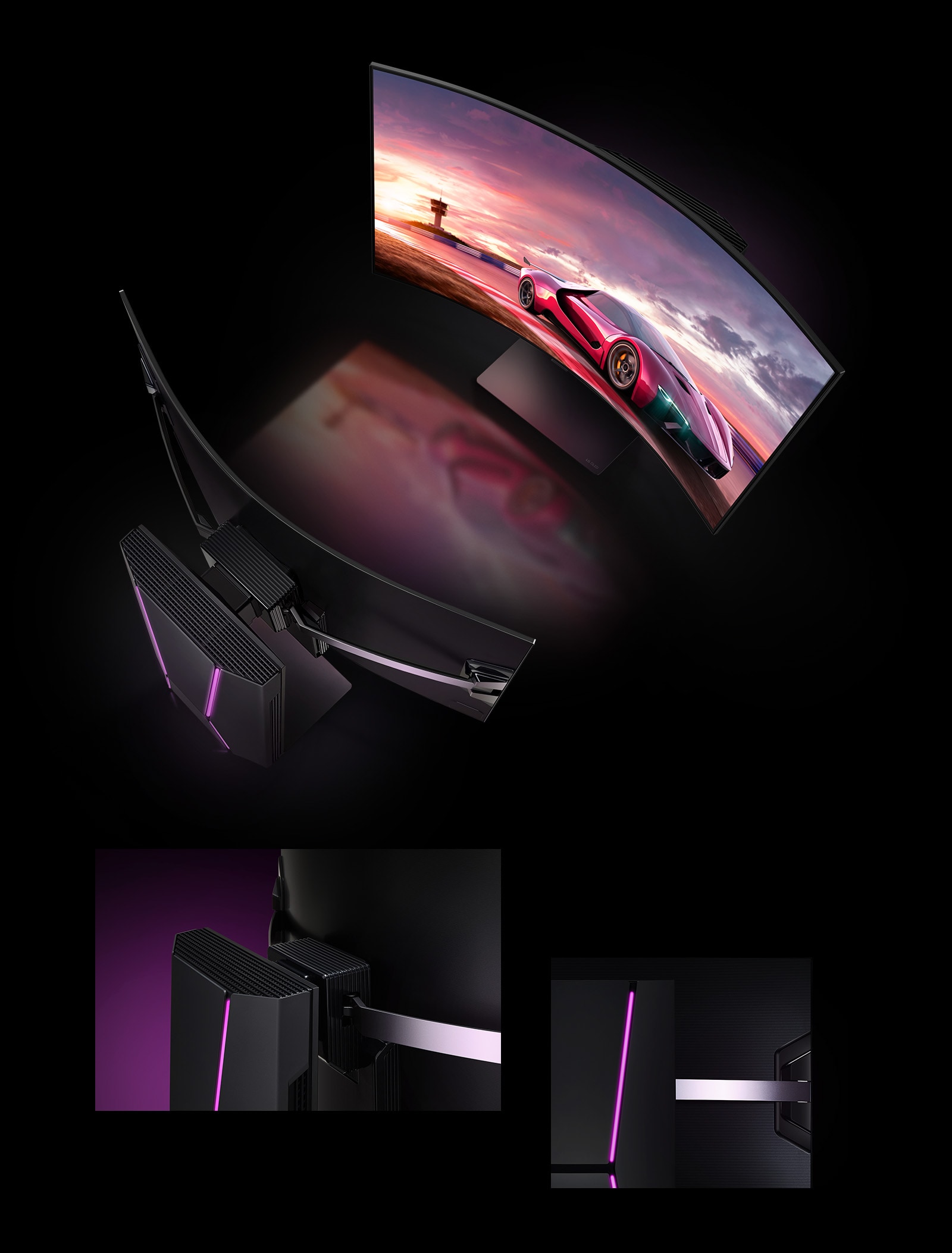 Trys atvaizdai su „LG OLED Flex“. Pirmajame iš viršaus matomi du televizoriai, atsukti vienas į kitą. Antrajame iš arti pavaizduotas skydo dizainas, rodomas kampu iš viršaus. Trečiajame skydo dizainas stambiu planu vaizduojamas iš priekio.