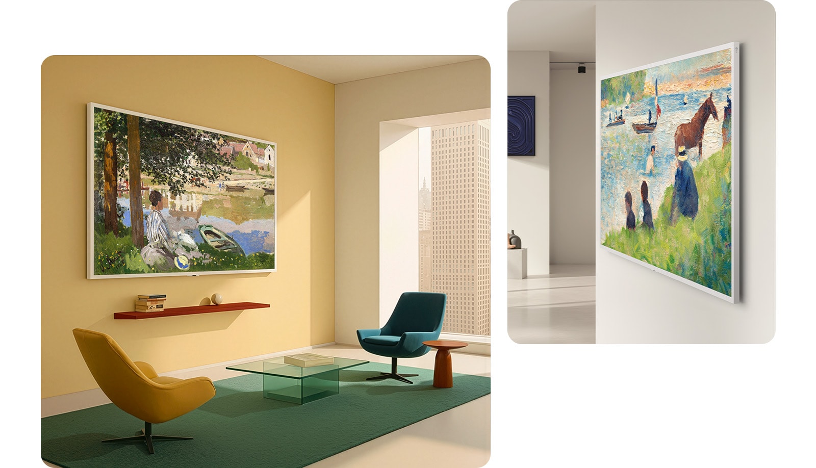 „LG Gallery TV AI“ su rėmeliu „LX7 ART TV“ ir „Slim & Seamless Wall Mount“ funkcija prikabintas prie geltonos ir baltos spalvų sienų dviejuose skirtinguose interjero sprendimuose; ekrane rodomi klasikiniai paveikslai, o švarus, įrėminto meno kūrinio įspūdis sklandžiai dera su aplinka.