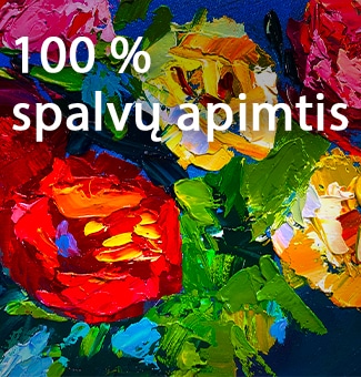 „LG Gallery TV AI“ su rėmeliu „LX7 ART TV“ ir „Dynamic QNED Color“ rodo iš arti tekstūruoto paveikslo fragmentą, kuriame sustiprinti raudonos, geltonos ir žalios spalvų tonai išryškina 100&nbsp;% spalvų apimtį bei suteikia meno kūriniui gyvybingumo.