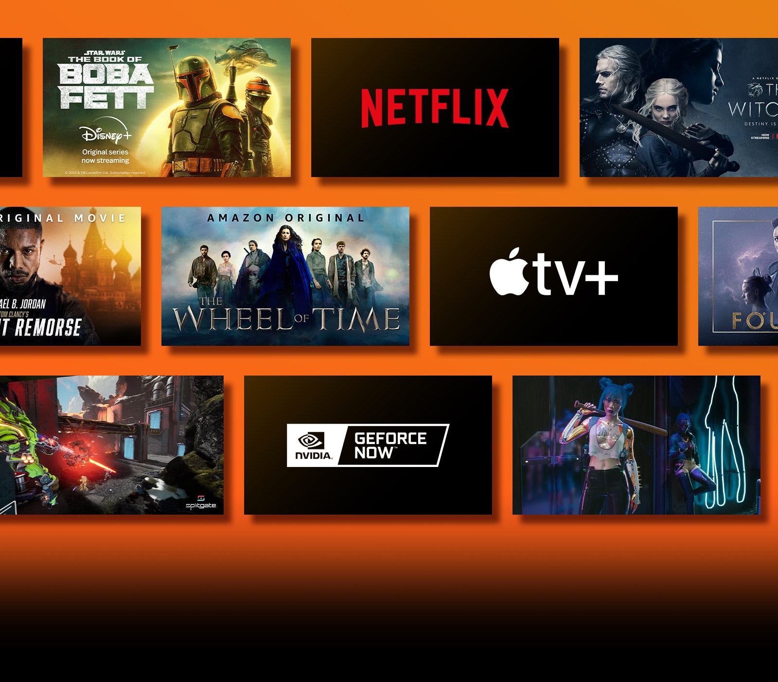 Rodomi transliavimo paslaugų platformų logotipai, prie kiekvieno logotipo - atitinkama vaizdo medžiaga. „Netflix“ logotipas „Money Heist“ ir „Witcher“. „Prime Video“ logotipas ir „Without Remorse“, „The Wheel of Time“. „Livenow“ logotipas ir „Mamamoo“ pristatymo vaizdas, „OneUs“ pristatymo vaizdas. „NVIDIA Geforce Now“ logotipas ir „Cyberpunk 2077“ ir „Splitgate“ žaidimo vaizdas. „Apple TV plus“ logotipas ir „Foundation and Finch“. 