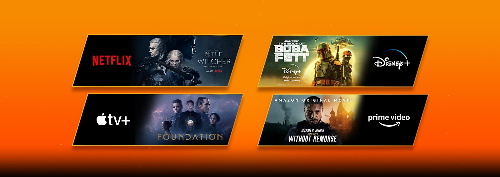 Yra 3 vaizdo blokai – kiekviename rodomas transliavimo platformos logotipas ir filmuotos medžiagos vaizdas. „Netflix“ logotipas su „The Witcher“, „Apple TV Plus“ logotipas su „Foundation“, „Prime Video“ logotipas su „Without Remorse“.