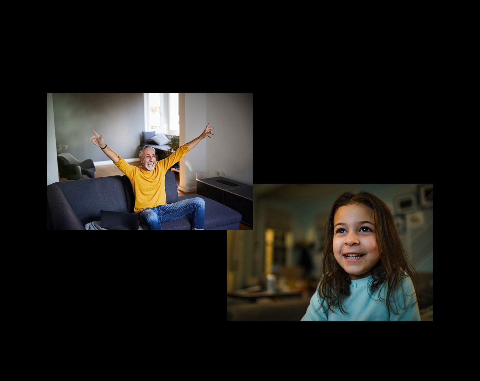 Ant sofos svetainėje sėdi senolis, kuris laimingai kažką žiūri – atvaizdo kairiajame viršutiniame kampe. Patenkinta mergaitė kažką žiūri per televizorių.