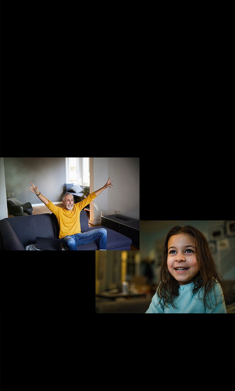 Ant sofos svetainėje sėdi senolis, kuris laimingai kažką žiūri – atvaizdo kairiajame viršutiniame kampe. Patenkinta mergaitė kažką žiūri per televizorių.