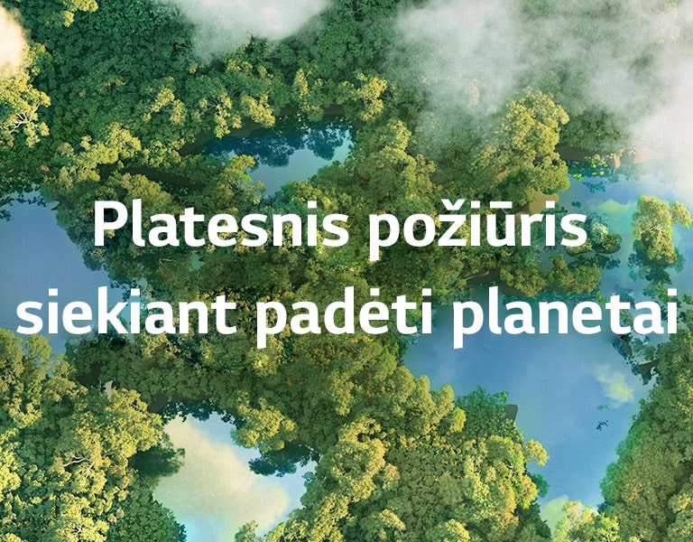 Platus žalio miško vaizdas iš viršaus, matomas debesis