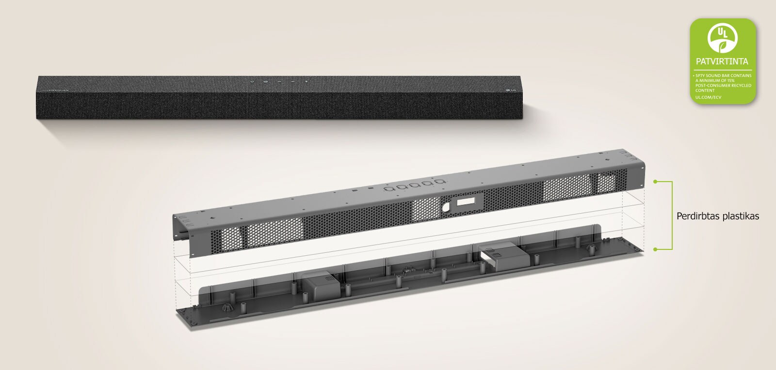 Antrame plane matosi horizontaliojo garsiakalbio vaizdas iš priekio, o pirmame plane – horizontaliojo garsiakalbio metalinio rėmo vaizdas.