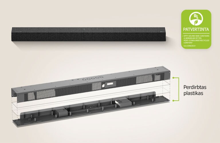 Antrame plane matosi horizontaliojo garsiakalbio vaizdas iš priekio, o pirmame plane – horizontaliojo garsiakalbio metalinio rėmo vaizdas.