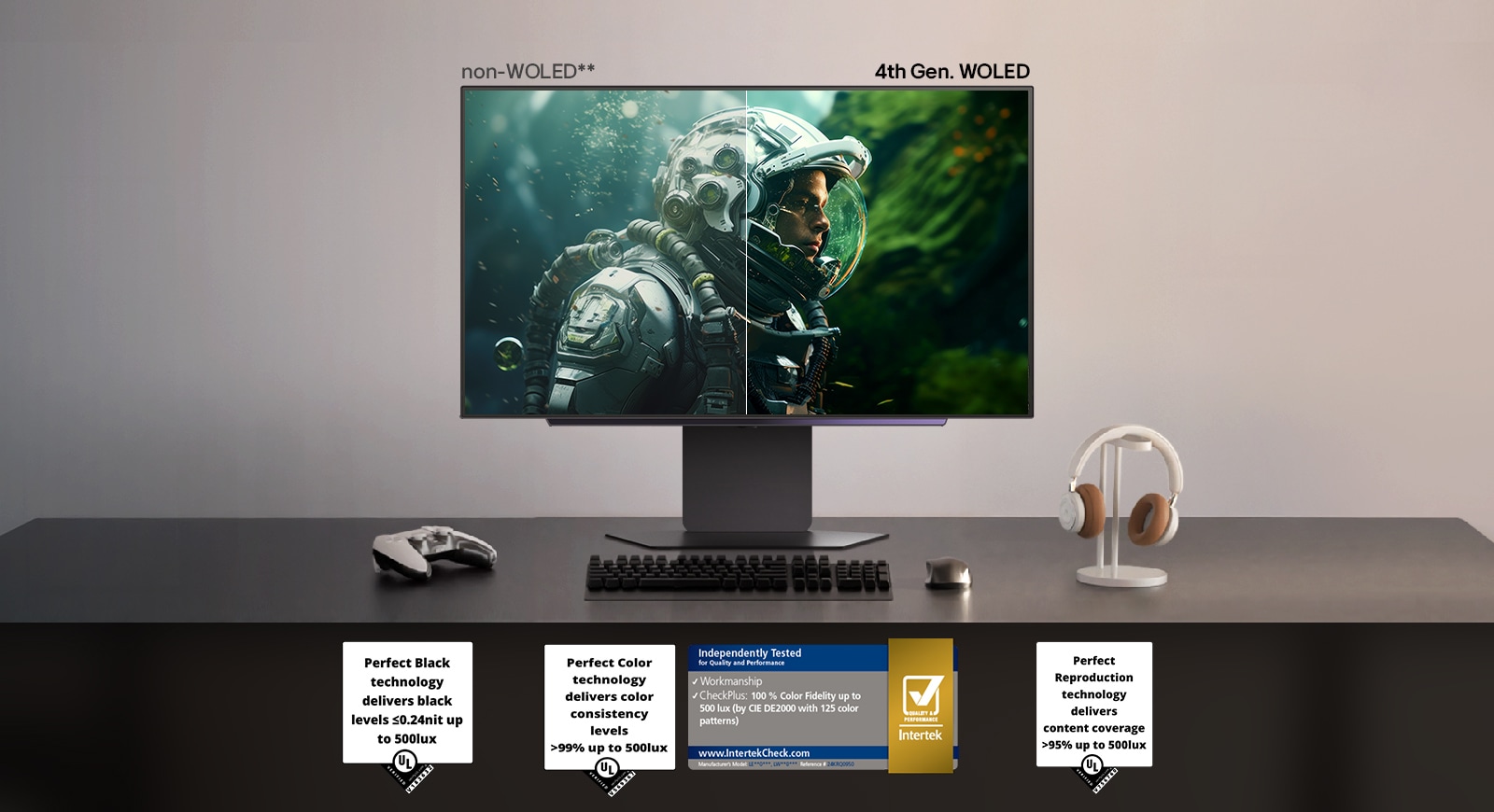 Ant stalo esantis „LG UltraGear“ monitorius lyginamas su ne „WOLED“ ir 4-os kartos „WOLED“, rodant kosmoso tyrinėtojo veidą su sodresne juoda spalva ir ryškesnėmis spalvomis „WOLED“ pusėje, kartu su „Perfect Black“, „Perfect Color“ ir „Perfect Reproduction“ technologijų sertifikavimo ženklais.