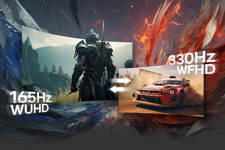 „LG UltraGear“ ekrane rodomas „Dual mode“ našumas: kairėje pusėje – fantazijos karo scena 165 Hz WUHD raiška, dešinėje pusėje – ralio lenktyninis automobilis 330 Hz WFHD raiška, pabrėžiant lanksčias atnaujinimo dažnio ir raiškos parinktis.