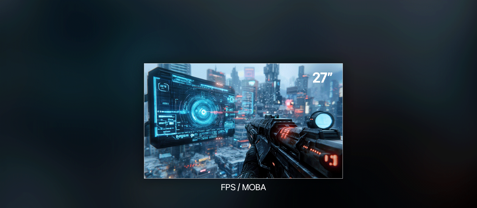 Animacija, kurioje pristatomas 27 colių „LG UltraGear“ monitorius, skirtas FPS ir MOBA žaidimams, rodanti futuristinę pirmojo asmens šaudyklės sceną su šautuvu, nukreiptu į holografinį ekraną virš „Cyberpunk“ miesto peizažo.