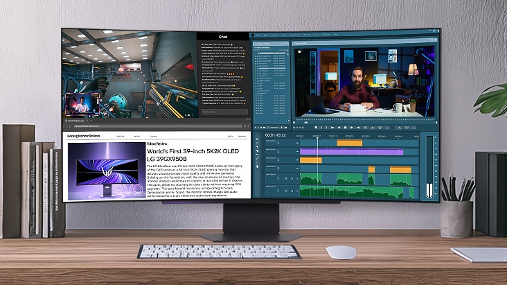 Išlenktas LG UltraGear monitorius rodo padalinto ekrano išdėstymą su žaidimo vaizdo įrašu, tinklalapiu, vaizdo skambučiu ir vaizdo redagavimo programos laiko juosta.