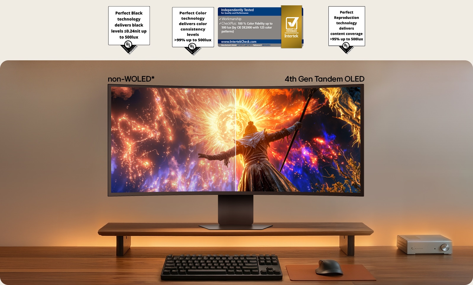 LG UltraGear monitorius ant stalo lentynos rodo ryškius vaizdus, palyginančius ne WOLED ir 4-osios laidos Tandem OLED ekranus.
