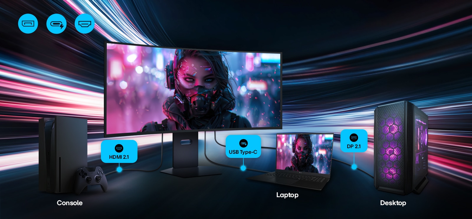 LG UltraGear monitorius rodo universalias ryšio parinktis: jungiasi prie konsolės per HDMI 2.1, prie nešiojamojo kompiuterio per USB Type-C ir prie stalinio kompiuterio per DP 2.1.