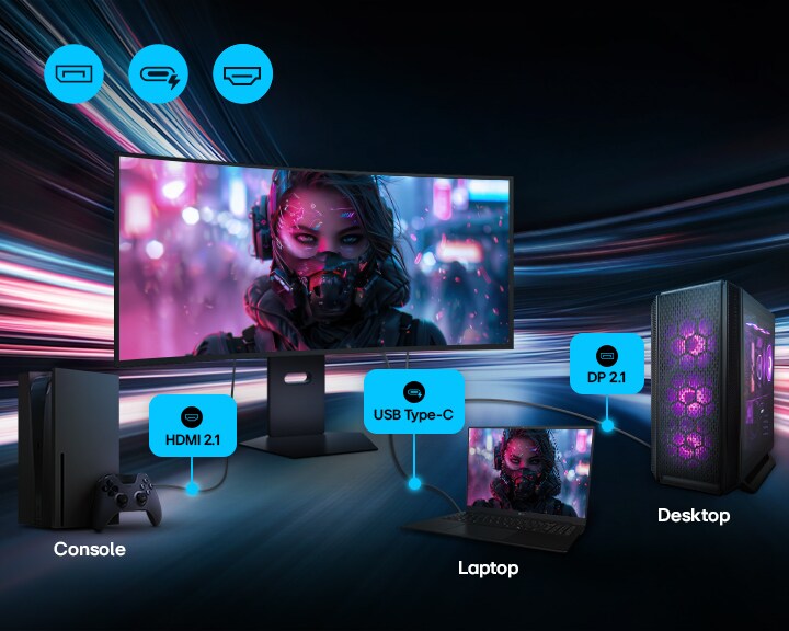 LG UltraGear monitorius rodo universalias ryšio parinktis: jungiasi prie konsolės per HDMI 2.1, prie nešiojamojo kompiuterio per USB Type-C ir prie stalinio kompiuterio per DP 2.1.