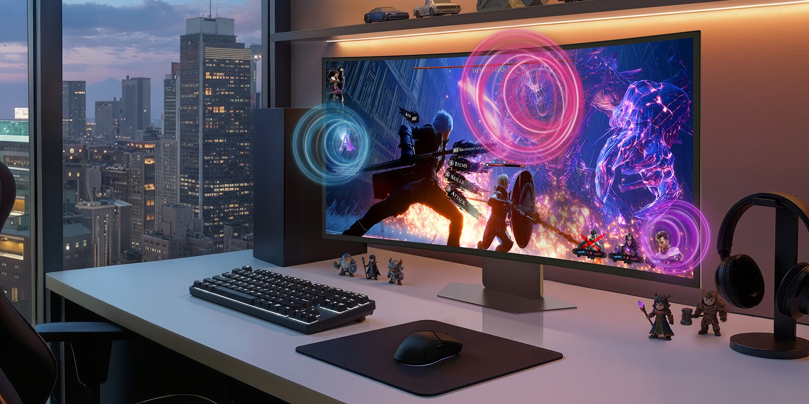 Ant stalo esančiame LG UltraGear monitoriaus ekrane rodoma veiksmo vaidmenų žaidimo scena, iš ekrano sklinda spalvingos garso bangos, vaizduojančios įtraukiantį garsą ir iliustruojančios dirbtinio intelekto garso funkciją AI Sound.