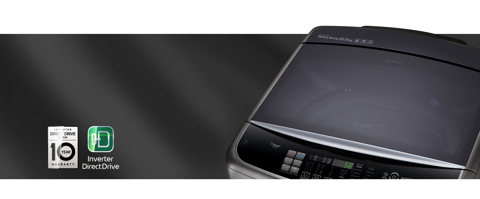 Skalbyklės su valdymo skydeliu vaizdas iš viršaus, šalia matomas 10 metų garantijos logotipas ir „Inverter DirectDrive“ logotipas. Logotipai spindi ant jų krentant šviesai.