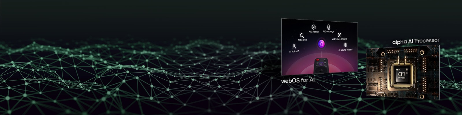 Dviejuose ekranuose rodomos pagrindinės funkcijos: viename rodoma „LG AI Magic Remote“ su užrašu „webOS for AI“, o kitame – „alpha 11 AI Processor Gen2“ su užrašu „alpha AI Processor“ apačioje.