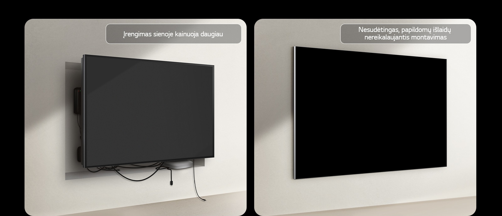 Laidinio televizoriaus ir „LG True Wireless TV“ įrengimo palyginimas. Atrodo, kad laidinio televizoriaus atveju reikėjo papildomų elementų, kad už televizoriaus būtų galima paslėpti visus kitus įrenginius. Netvarkinga sistema ir laidai vis dar matomi pro tarpus. Etiketėje rašoma: įrengimas sienoje kainuoja daugiau. „LG True Wireless“ televizorius yra sumontuotas ant sienos be jokios netvarkos. Nesimato jokių laidų ar įrenginių. Etiketėje rašoma: nesudėtingas, papildomų išlaidų nereikalaujantis montavimas.