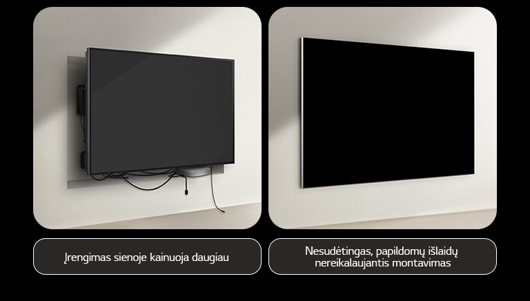 Laidinio televizoriaus ir „LG True Wireless TV“ įrengimo palyginimas. Atrodo, kad laidinio televizoriaus atveju reikėjo papildomų elementų, kad už televizoriaus būtų galima paslėpti visus kitus įrenginius. Netvarkinga sistema ir laidai vis dar matomi pro tarpus. Etiketėje rašoma: įrengimas sienoje kainuoja daugiau. „LG True Wireless“ televizorius yra sumontuotas ant sienos be jokios netvarkos. Nesimato jokių laidų ar įrenginių. Etiketėje rašoma: nesudėtingas, papildomų išlaidų nereikalaujantis montavimas.