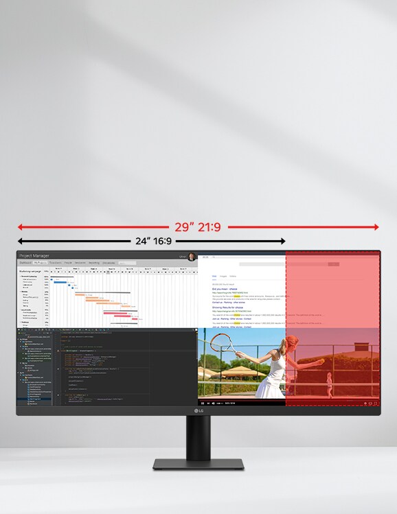 Itin platus 29 colių LG monitorius, iliustruojantis skirtumą tarp 21:9 ir 16:9 formato santykių, o kelios programos rodomos viena šalia kitos, kad būtų galima atlikti kelias užduotis.	