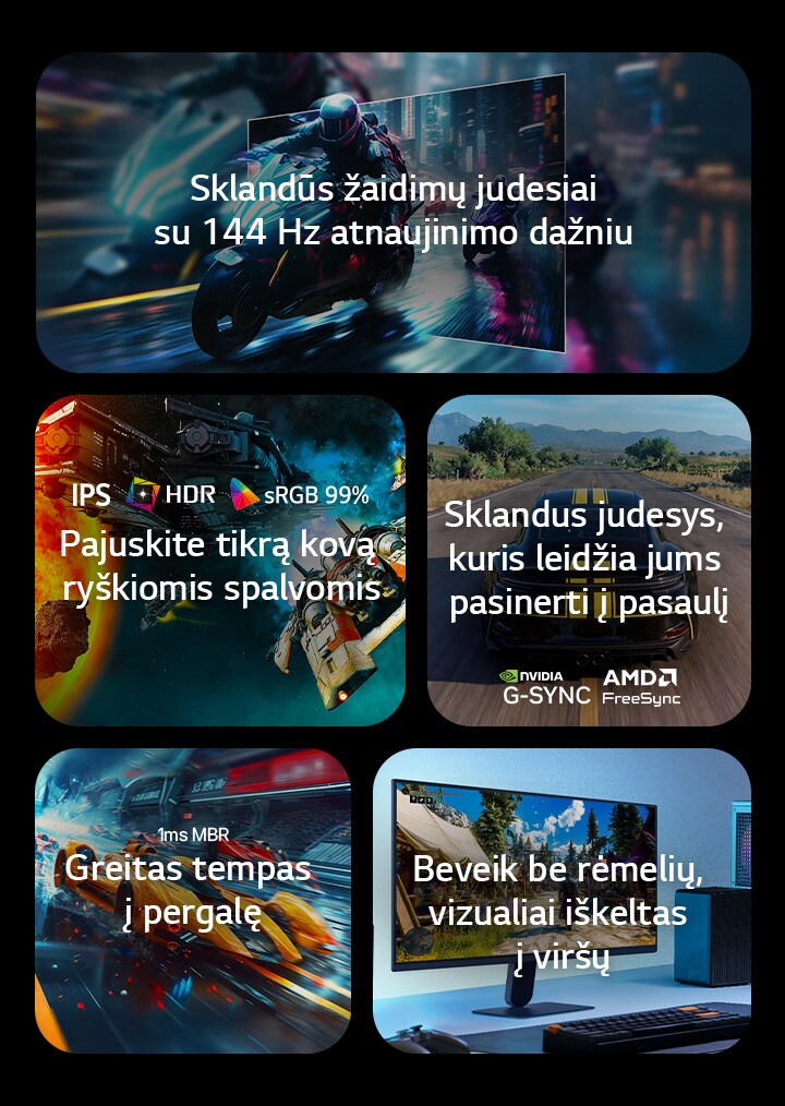 Šiame paveikslėlyje pateikiamos pagrindinės LG žaidimų monitoriaus savybės: 144&nbsp;Hz atnaujinimo dažnis sklandžiam judėjimo vaizdui, IPS ekranas su HDR10 ir sRGB 99 % spalvų gama ryškiems vaizdams, sklandus žaidimas su NVIDIA G-SYNC ir AMD FreeSync palaikymu, 1ms MBR atsako laikas spartiems žaidimams bei beveik berėmis dizainas įtraukiančiai darbo vietai.