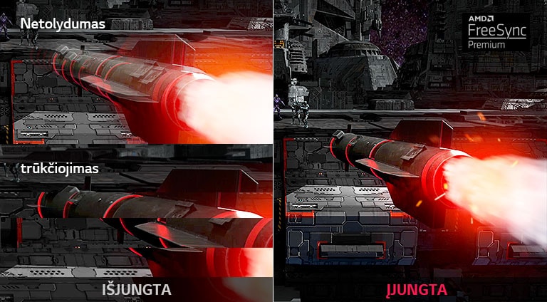Judėjimo žaidime naudojant „AMD FreeSync™ Premium“ ir IŠJUNGTA palyginimas