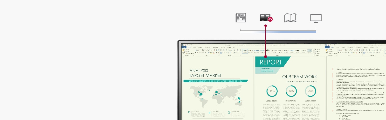 Ekrane, kuris skleidžia mažiau mėlynos šviesos ir kurio spalvų temperatūra panaši į popieriaus spalvų temperatūrą, pateikiamos darbo ataskaitos vaizdas lyginiamas su vaizdu, kai naudojamas standartinis režimas