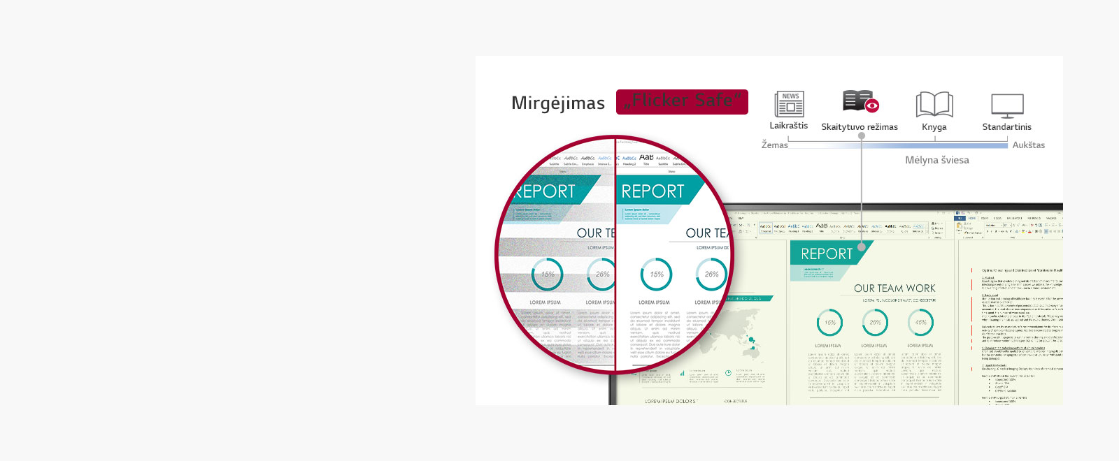 Naudodami skaitytuvo režimą ekrane turinys bus atvaizduotas kaip „knygos“ ir „laikraščio“ vaizdas, o „Flicker Safe“ užtikrins, kad ekranas nemirgės.