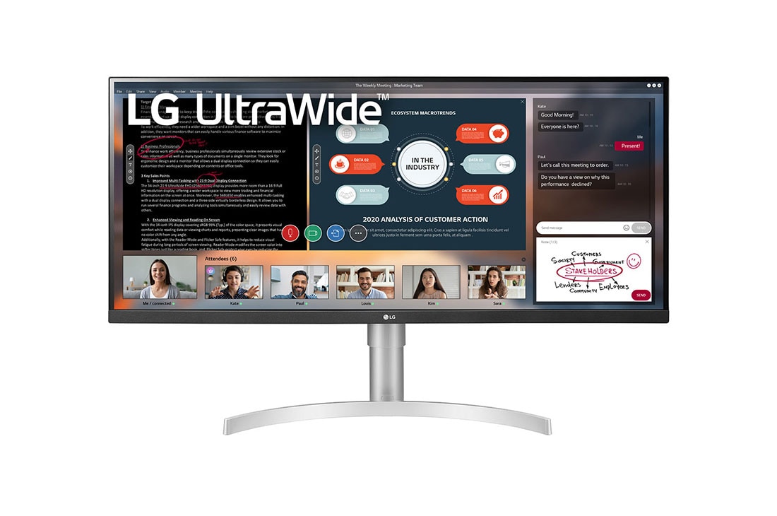 LG 34 col. „UltraWide™ Full HD“ (2 560 × 1 080) HDR IPS monitorius, vaizdas iš priekio, 34WN650-W