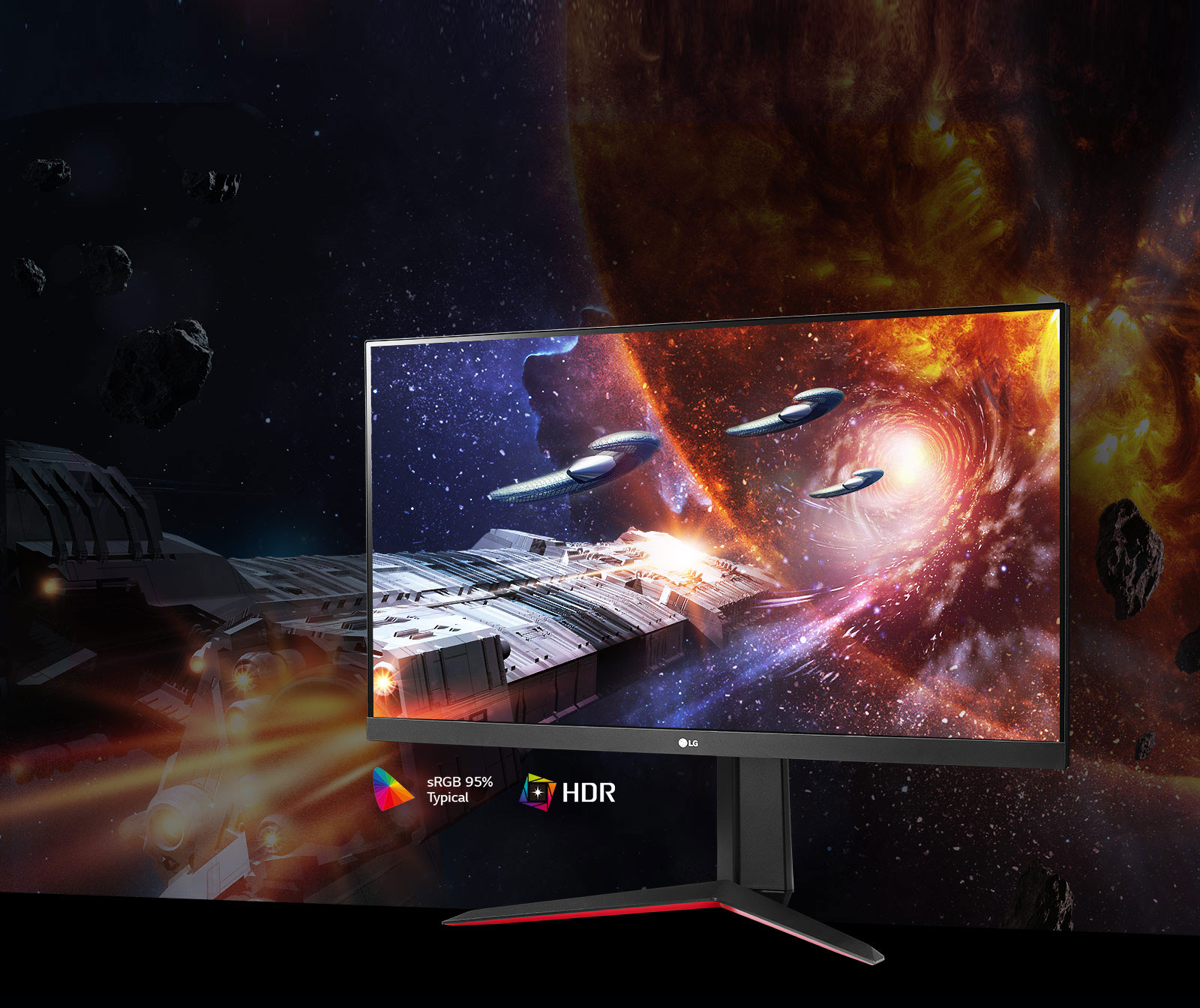 Žaidimo scena sodriomis spalvomis ir intensyviu kontrastu šiame monitoriuje, palaikančiame HDR10 ir „sRgb“ 95% (tip.)