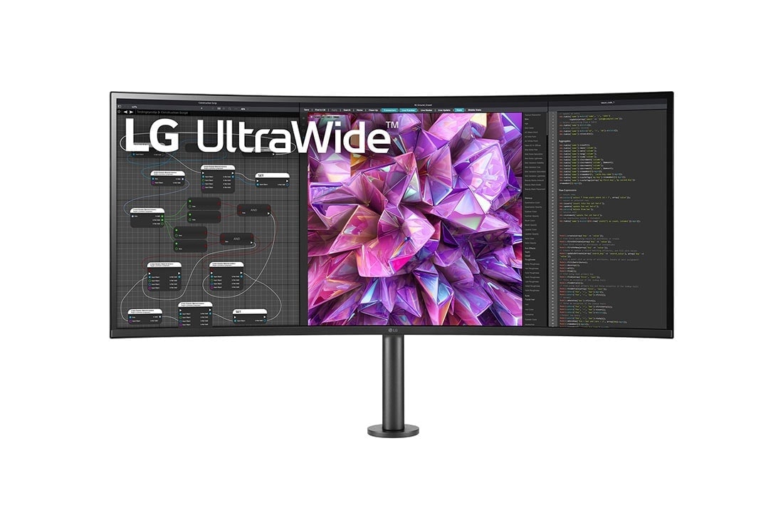 LG 37,5 col. 21:9 lenktas „UltraWide™“ QHD+ (3840 × 1600) monitorius „Ergo“, vaizdas iš priekio, monitoriaus petys centre, 38WQ88C-W, thumbnail 2
