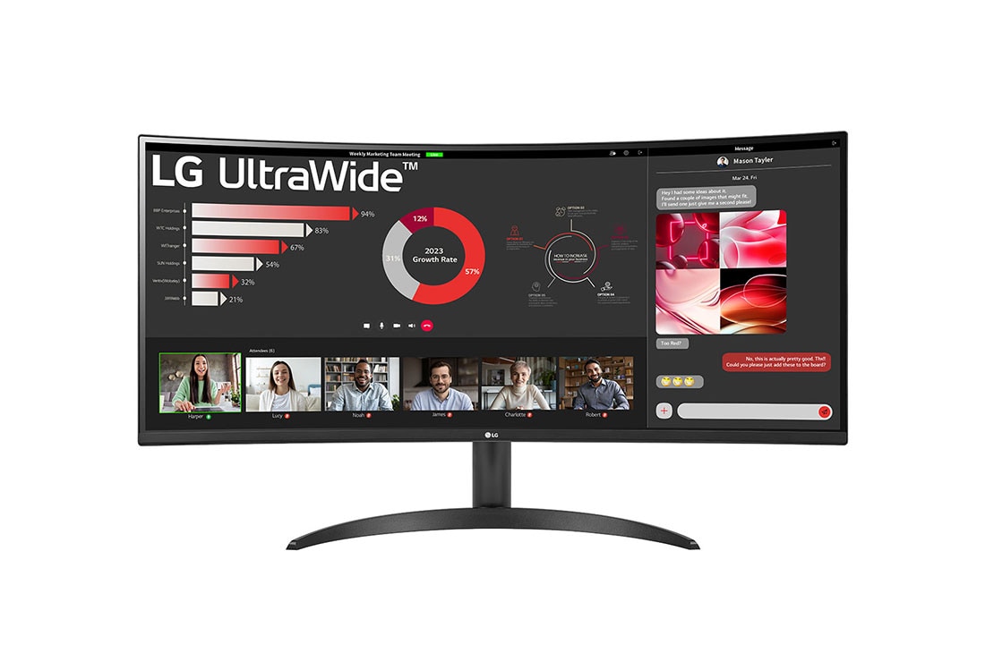 LG 34'' 21:9 lenktas „UltraWide™“ QHD (3440 × 1440) monitorius su „FreeSync™“, vaizdas iš priekio, 34WR50QC-B