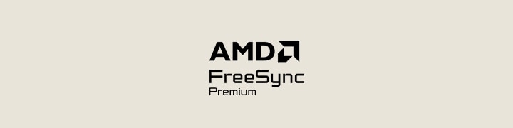 Paveikslėlis, kuriame šviesiai smėlio spalvos fone matomas juodas „AMD „FreeSync™ Premium“ sertifikato logotipas.