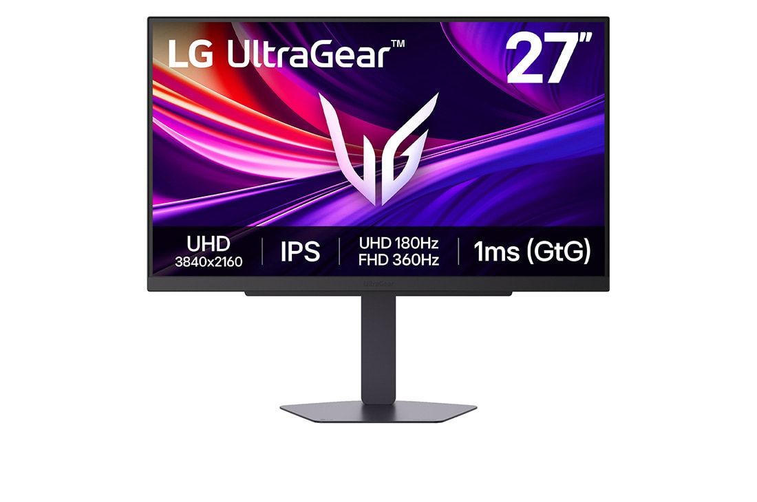 LG „LG UltraGear™“ 27 in 180 Hz 4K UHD žaidimų monitorius │ 27GX810A su dvigubu režimu, DCI-P3 95% (Typ.), VESA DisplayHDR™ 400, 1ms GtG, HDMI 2.1	, vaizdas iš priekio	, 27G810A-B