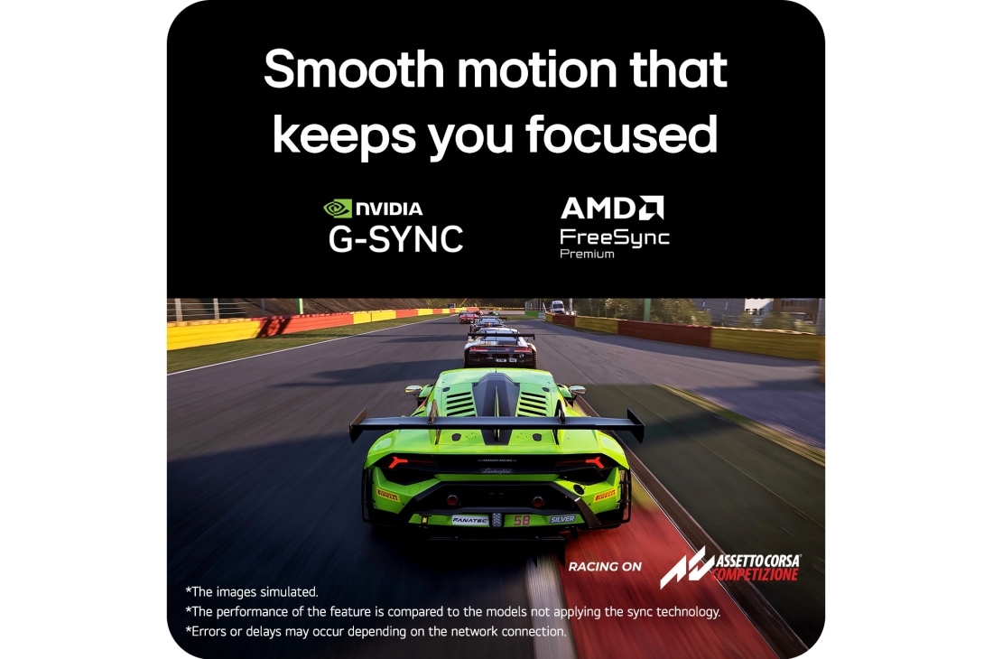 LG 32 in UltraGea™ G6, QHD 200Hz žaidimų monitorius, „Assetto Corsa Competizione“ lenktynių scena, rodoma žaidimų monitoriuje, palaikančiame „Adaptive Sync“ technologiją su „NVIDIA G-SYNC“ ir „AMD FreeSync Premium“ – tai užtikrina sklandų žaidimą be vai, 32G620B-B, thumbnail 9