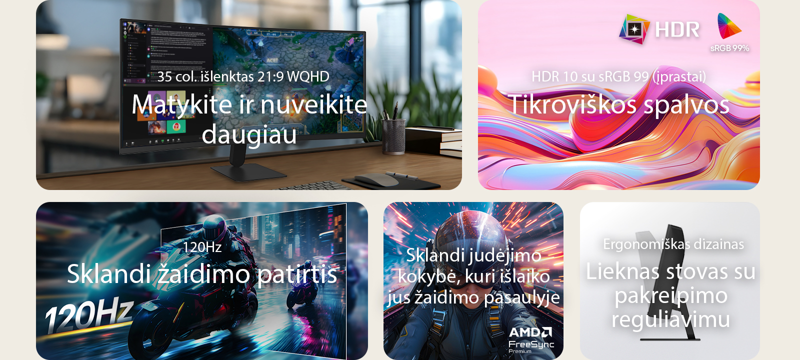 LG UltraWide išlenkto monitoriaus funkcijų apžvalga, rodanti 34&nbsp;colių WQHD išlenktą ekraną, HDR10 su sRGB 99&nbsp;% spalvų tikslumu, sklandų 120&nbsp;Hz atnaujinimo dažnį, AMD FreeSync palaikymą ir liekną stovą su pakreipimo reguliavimu, skirtą įtraukiančiam žaidimui ir efektyviam daugiafunkciniam darbui.