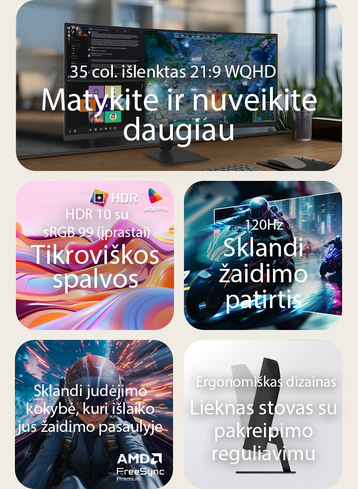 LG UltraWide išlenkto monitoriaus funkcijų apžvalga, rodanti 34&nbsp;colių WQHD išlenktą ekraną, HDR10 su sRGB 99&nbsp;% spalvų tikslumu, sklandų 120&nbsp;Hz atnaujinimo dažnį, AMD FreeSync palaikymą ir liekną stovą su pakreipimo reguliavimu, skirtą įtraukiančiam žaidimui ir efektyviam daugiafunkciniam darbui.