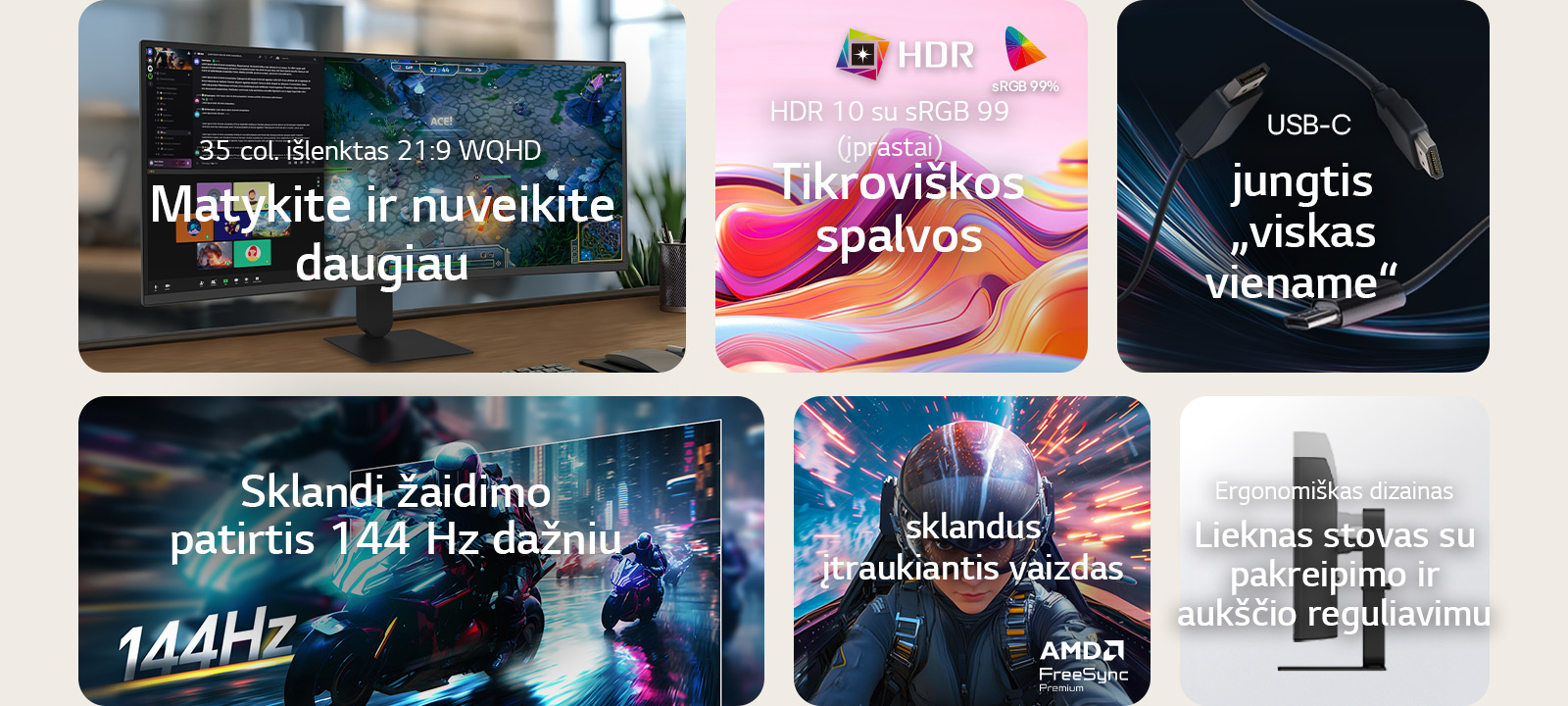 LG UltraWide išlenkto monitoriaus funkcijų apžvalga, rodanti 34&nbsp;colių WQHD išlenktą ekraną, HDR10 su sRGB 99&nbsp;% spalvų tikslumu, USB-C jungtį „viskas viename“, sklandų 144&nbsp;Hz atnaujinimo dažnį, AMD FreeSync Premium palaikymą ir ploną stovą su pakreipimo ir aukščio reguliavimu, skirtą įtraukiančiam žaidimui ir efektyviam daugiafunkciniam darbui.