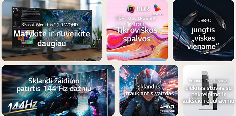 LG UltraWide išlenkto monitoriaus funkcijų apžvalga, rodanti 34&nbsp;colių WQHD išlenktą ekraną, HDR10 su sRGB 99&nbsp;% spalvų tikslumu, USB-C jungtį „viskas viename“, sklandų 144&nbsp;Hz atnaujinimo dažnį, AMD FreeSync Premium palaikymą ir ploną stovą su pakreipimo ir aukščio reguliavimu, skirtą įtraukiančiam žaidimui ir efektyviam daugiafunkciniam darbui.