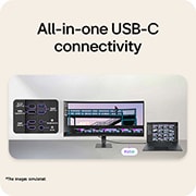 LG „LG UltraWide™“ 34&nbsp;col. 144 Hz WQHD išlenktas (1800R) monitorius 34U640B su USB-C, HDR 10 ir sRGB 99 % (tipinė reikšmė), LG „UltraWide“ išlenktasis monitorius, prijungtas prie nešiojamojo kompiuterio, su paryškintais USB-C, „DisplayPort“ ir HDMI prievadais., 34U640B-B, thumbnail 7