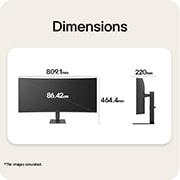 LG „LG UltraWide™“ 34&nbsp;col. 144 Hz WQHD išlenktas (1800R) monitorius 34U640B su USB-C, HDR 10 ir sRGB 99 % (tipinė reikšmė), LG UltraWide išlenkto monitoriaus vaizdas iš priekio ir šono su gaminio matmenimis, nurodytais milimetrais., 34U640B-B, thumbnail 14