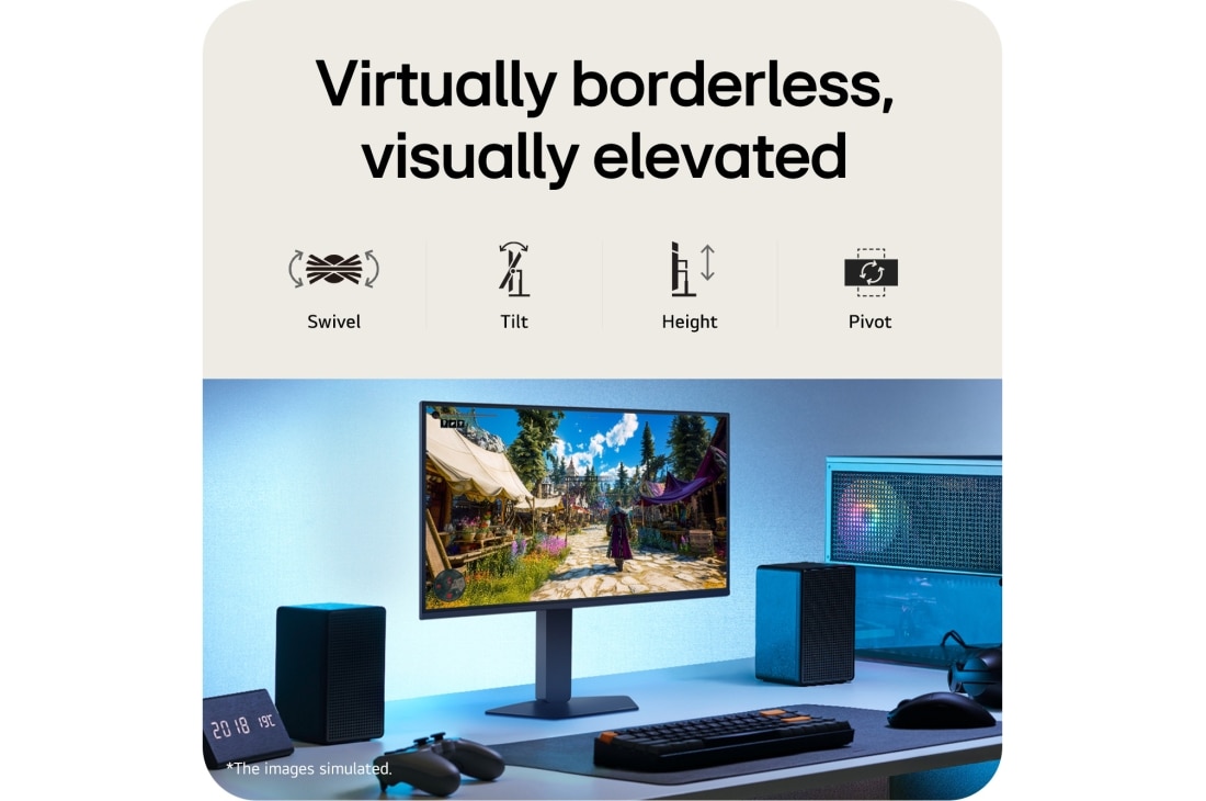 LG 27&nbsp;colių UltraGear™ G5, 300&nbsp;Hz FHD žaidimų monitorius, Šiame paveikslėlyje parodytas „UltraGear™" žaidimų monitorius ant stalo, rodantis žaidimo sceną, su piktogramomis, nurodančiomis berėmį dizainą iš 3 pusių, aukščio reguliavimą, pakreipimo palaikymą ir, 27G550B-B, thumbnail 9