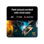 LG 27&nbsp;colių UltraGear™ G5, 300&nbsp;Hz FHD žaidimų monitorius, Futuristinė kovos scena, rodoma žaidimų monitoriuje, kuriame atsiskleidžia ryškūs spalvų atspalviai, kartu su 99&nbsp;% sRGB spalvų gama, IPS technologija ir HDR sertifikavimu., 27G550B-B, thumbnail 5
