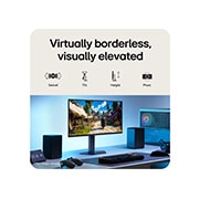 LG 27&nbsp;colių UltraGear™ G5, 300&nbsp;Hz FHD žaidimų monitorius, Šiame paveikslėlyje parodytas „UltraGear™" žaidimų monitorius ant stalo, rodantis žaidimo sceną, su piktogramomis, nurodančiomis berėmį dizainą iš 3 pusių, aukščio reguliavimą, pakreipimo palaikymą ir, 27G550B-B, thumbnail 9