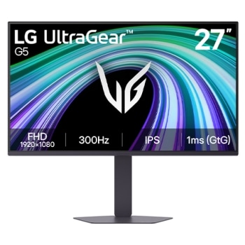 Šiame paveikslėlyje parodytas LG „UltraGear G5" 27&nbsp;colių žaidimų monitoriaus vaizdas iš priekio, su IPS ekranu, FHD (1920×1080) raiška, 300&nbsp;Hz atnaujinimo dažniu ir 1ms (GtG) atsako laiku – pabrėžiant