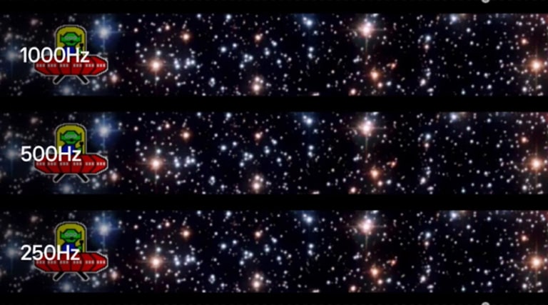 Blur Busters UFO testas, palyginantis tikrąjį 1000&nbsp;Hz, 500&nbsp;Hz ir 250&nbsp;Hz atnaujinimo dažnius, patvirtinantis itin aiškius 1000&nbsp;Hz vaizdo judesius 