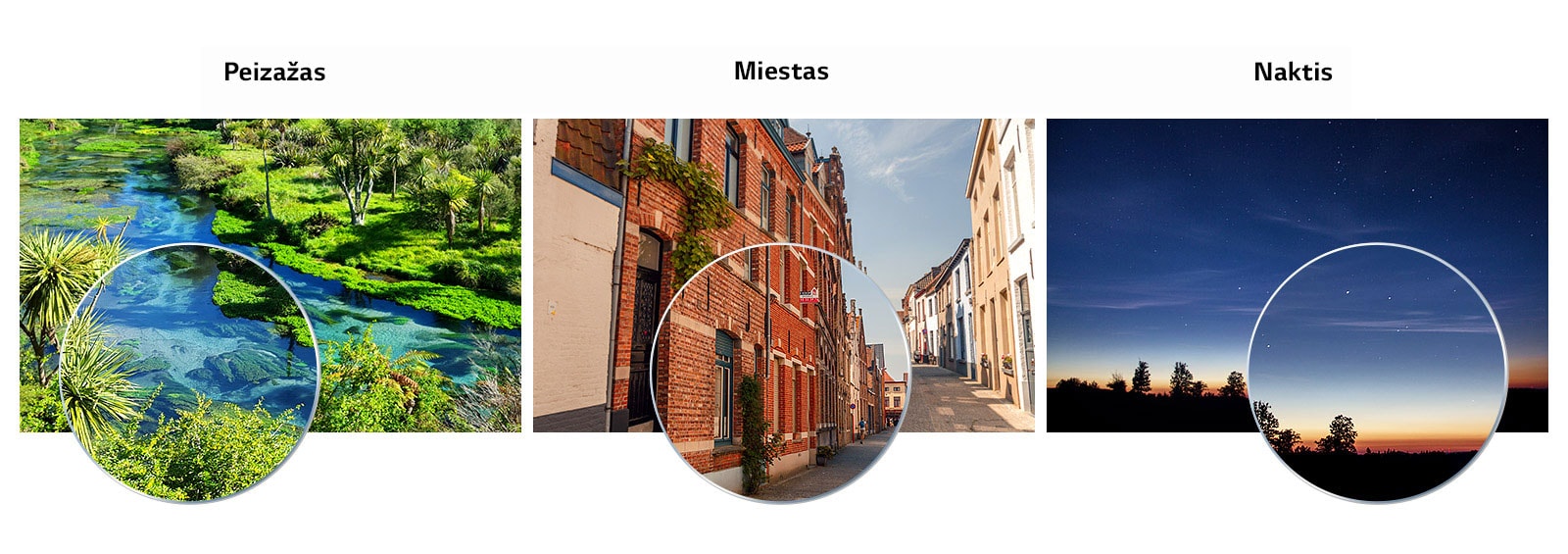 Vaizdo kokybės palyginimas pagal scenos tipus „Peizažas“, „Miestas“, „Naktis“ ir „Kita“.